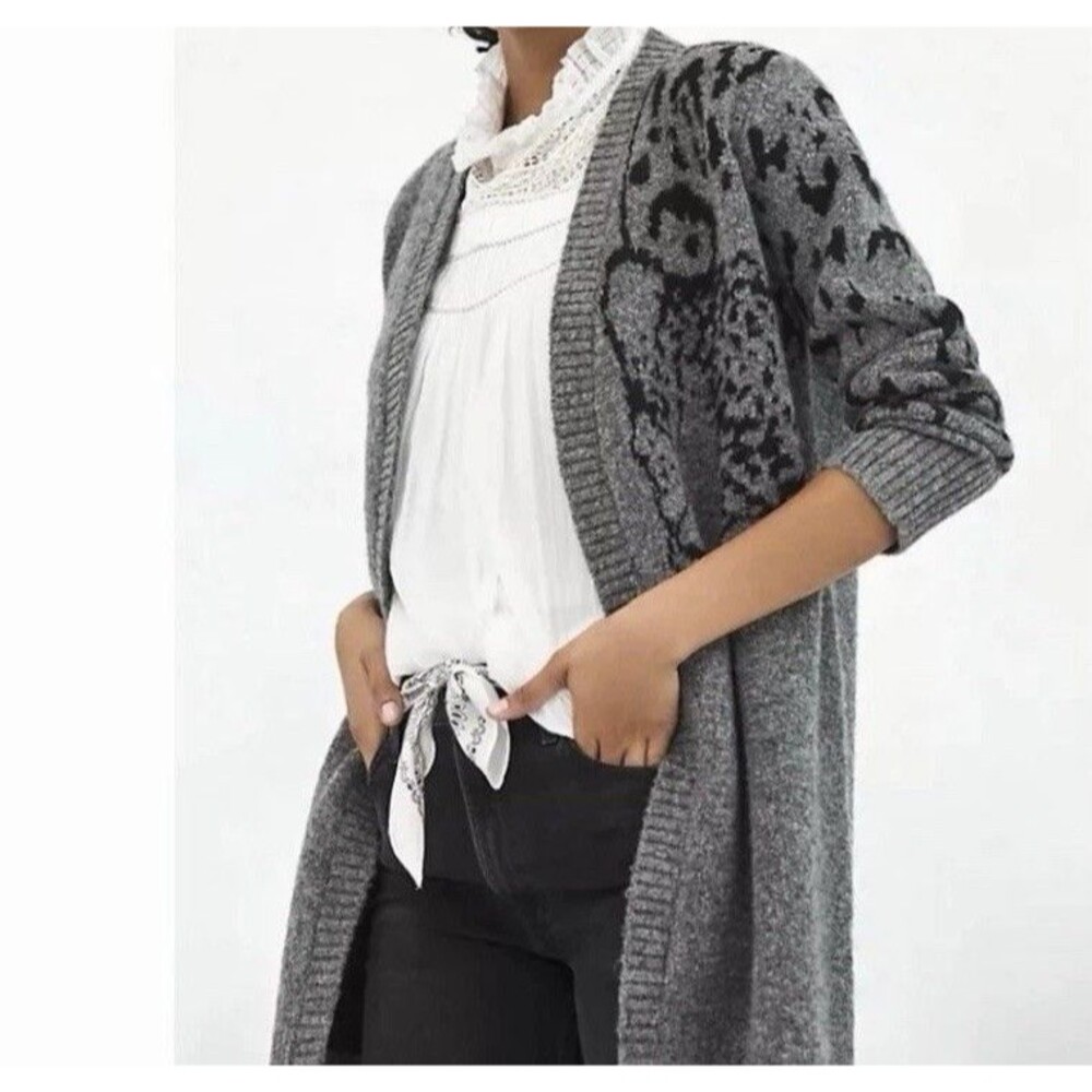 Anthropologie AVERIE LEOPARD XS Grey Black Open Cardigan Sweater Large - Picture 3 of 12